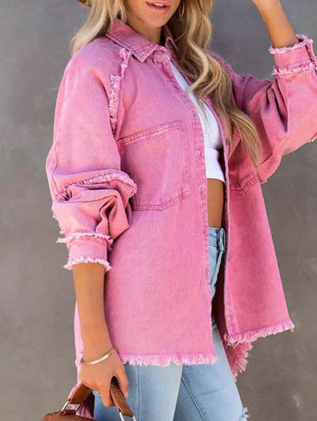 Loose raw edge patchwork pocket denim shirt jacket