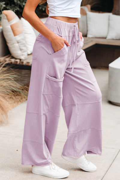 Black Mineral Wash Exposed Seam Drawstring Elastic Waistband Wide Leg Cargo Pants