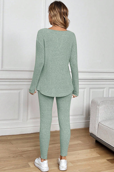Black Ribbed Notched Neck Knit Long Sleeve Leggings Two Pieces Lounge Set