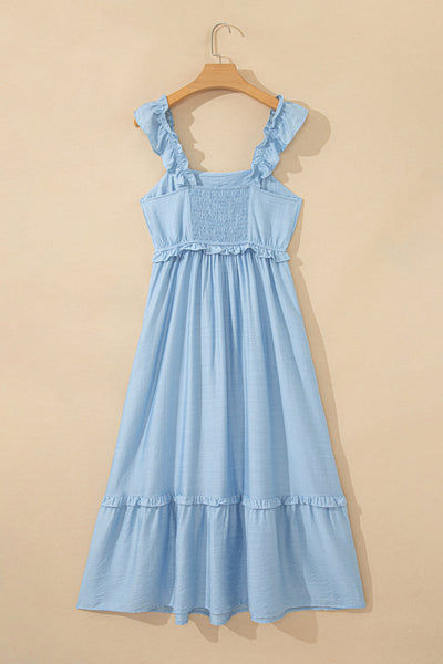 Bonbon Solid Color Ruffle Trim High Waist Sleeveless Maxi Dress