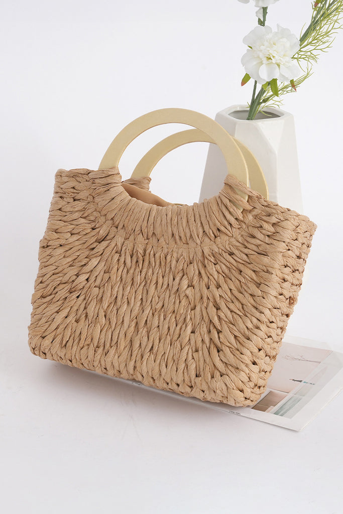 Camel Retro Straw Woven Handle Handbag