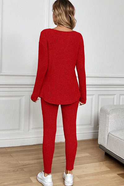 Black Ribbed Notched Neck Knit Long Sleeve Leggings Two Pieces Lounge Set