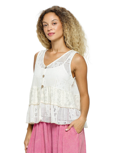 Boho Floral Knit Vest Button Up Top
