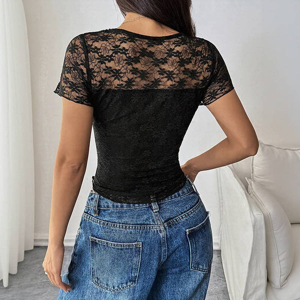Chic Lace Panel Short Sleeve Top