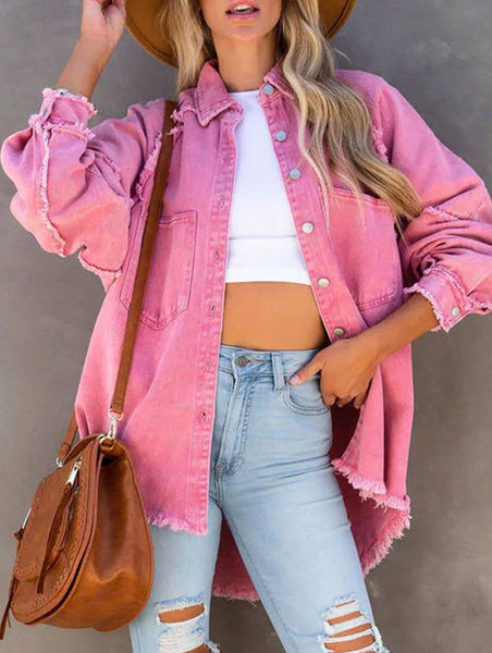 Loose raw edge patchwork pocket denim shirt jacket