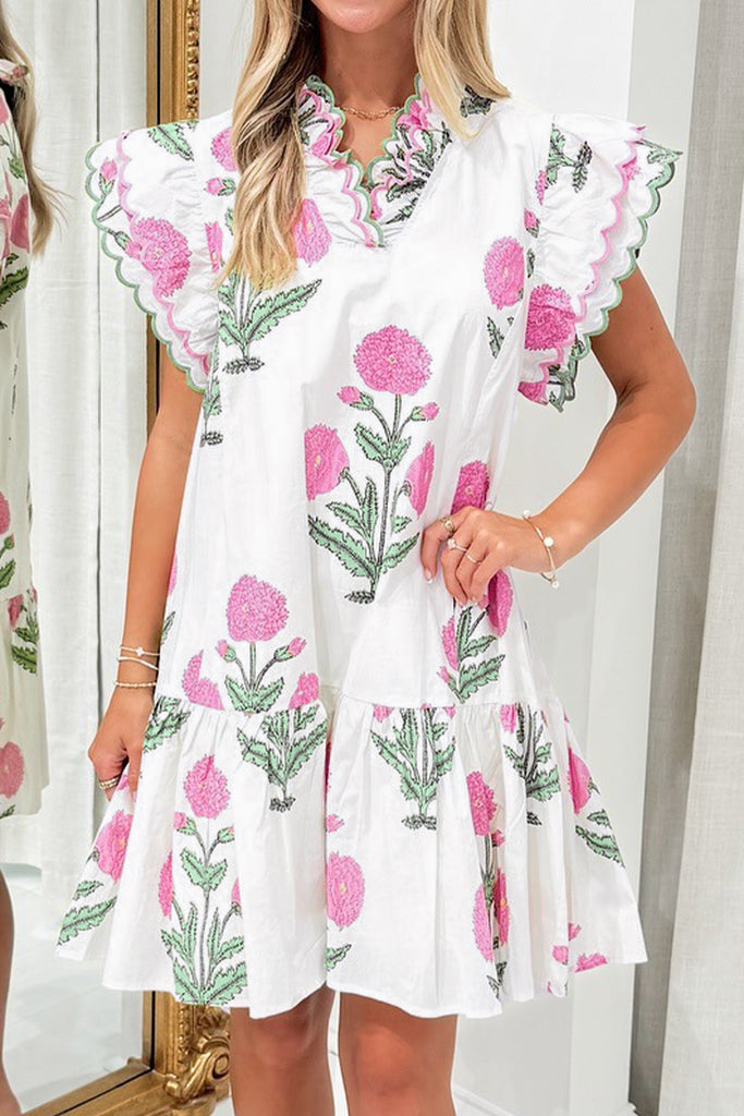 White Wild Floral Print Scalloped Embroidery Trim V Neck Drop Waist Mini Dress