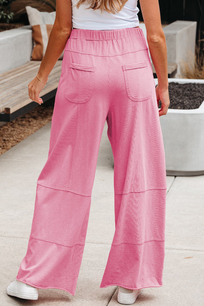 Black Mineral Wash Exposed Seam Drawstring Elastic Waistband Wide Leg Cargo Pants