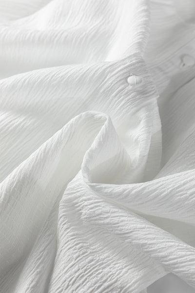 White Crinkled Texture Lantern Sleeve Button Down Loose Shirt