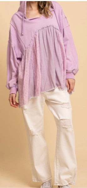 Lavender Layered Fabric Hoodie Oversized Top