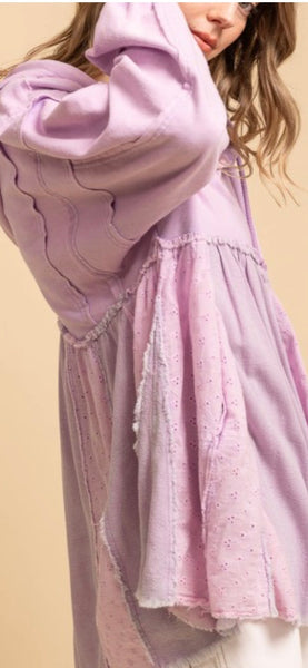 Lavender Layered Fabric Hoodie Oversized Top
