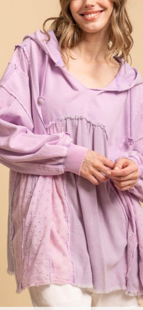 Lavender Layered Fabric Hoodie Oversized Top