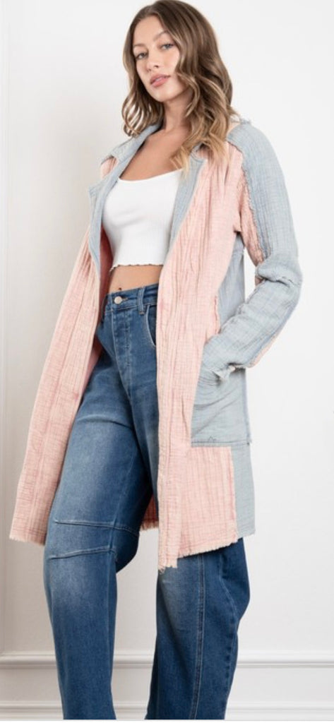Dusty Pink & Blue Long Coat Jacket