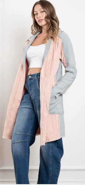 Dusty Pink & Blue Long Coat Jacket