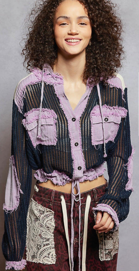 POL Purple Navy Textured Woven Fabric Jacket Hoodie Top