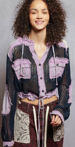 POL Purple Navy Textured Woven Fabric Jacket Hoodie Top