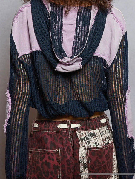 POL Purple Navy Textured Woven Fabric Jacket Hoodie Top