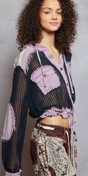 POL Purple Navy Textured Woven Fabric Jacket Hoodie Top