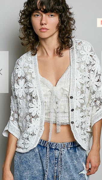 POL White Crochet Top Cardigan