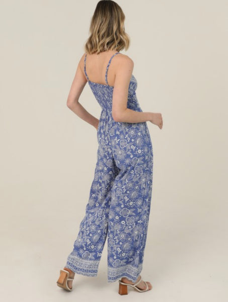 Blue White Floral Print Sleeveless Jumpsuit
