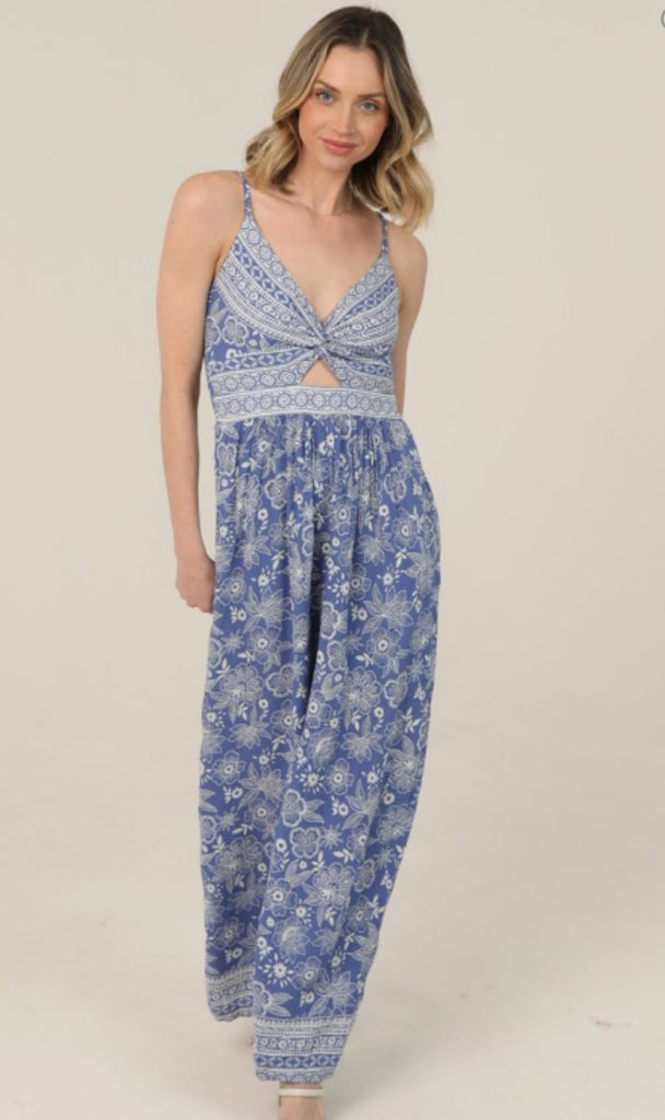 Blue White Floral Print Sleeveless Jumpsuit