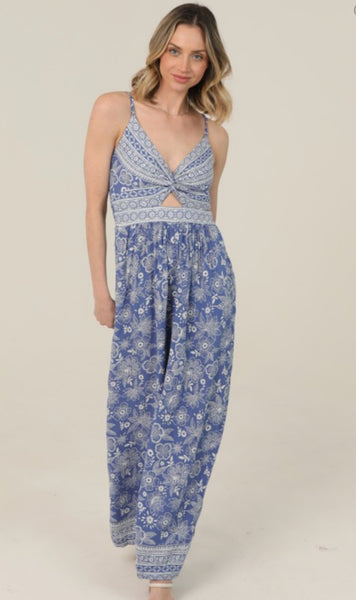 Blue White Floral Print Sleeveless Jumpsuit