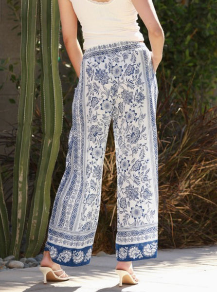 Ivory Blue Elastic Waist Bell Bottoms Pants