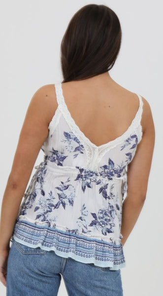 Blue White Floral Tank Cami Top Sleeveless