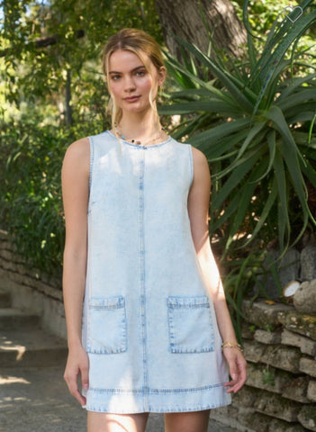Sleeveless Washed Denim Tank Mini Dress w/Pockets