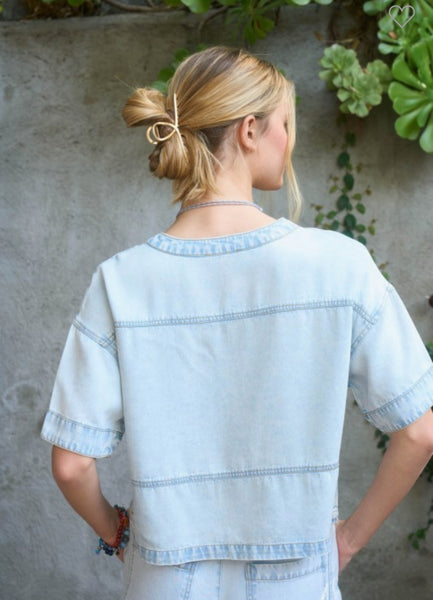 Washed Denim Blue Short Sleeve Top