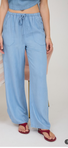 Chambray Drawstring Wide Leg Lounge Pants