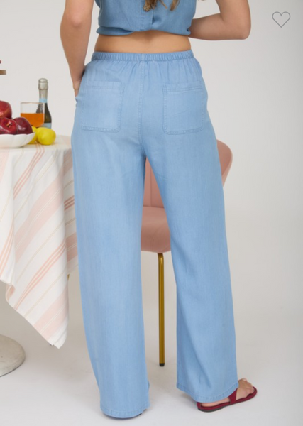 Chambray Drawstring Wide Leg Lounge Pants