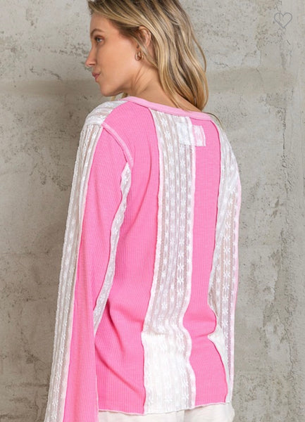 POL Hot Pink White Lace Long Sleeve Top