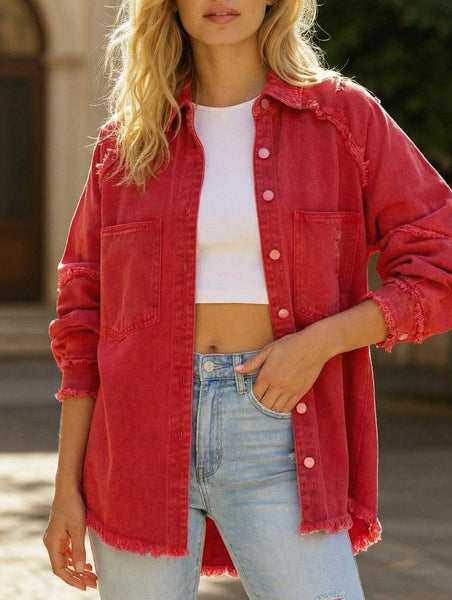 Loose raw edge patchwork pocket denim shirt jacket