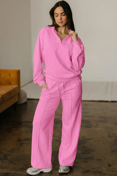 Dark Khaki Polo Collar V Neck Pullover and Drawstring Sweatpants Set