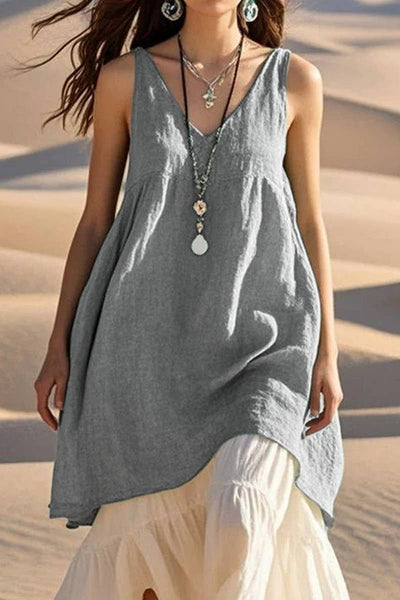 Blue Sleeveless V Neck Solid Linen Beach Dress