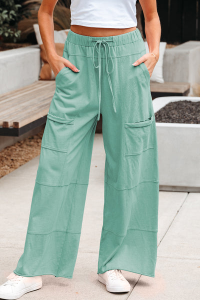 Black Mineral Wash Exposed Seam Drawstring Elastic Waistband Wide Leg Cargo Pants