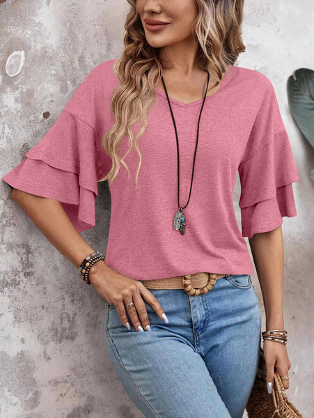 Solid Color V-neck Double-layer Sleeve Short Sleeved Top