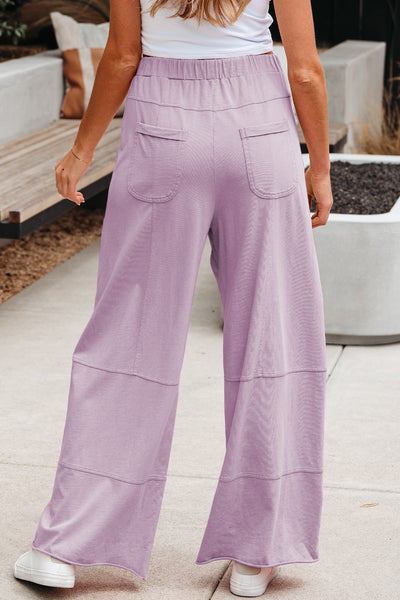 Black Mineral Wash Exposed Seam Drawstring Elastic Waistband Wide Leg Cargo Pants