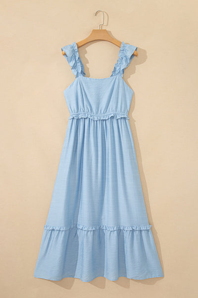 Bonbon Solid Color Ruffle Trim High Waist Sleeveless Maxi Dress