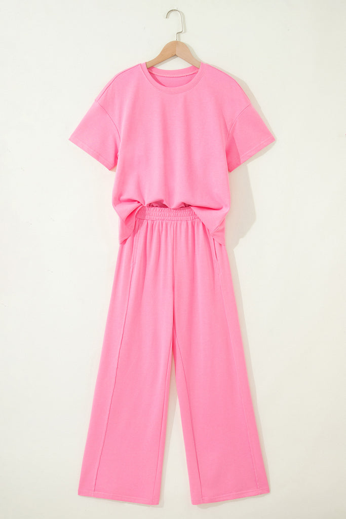 Sachet Pink Solid Cover Oversize Tee Pocketed Casual Pants 2pcs Outfit