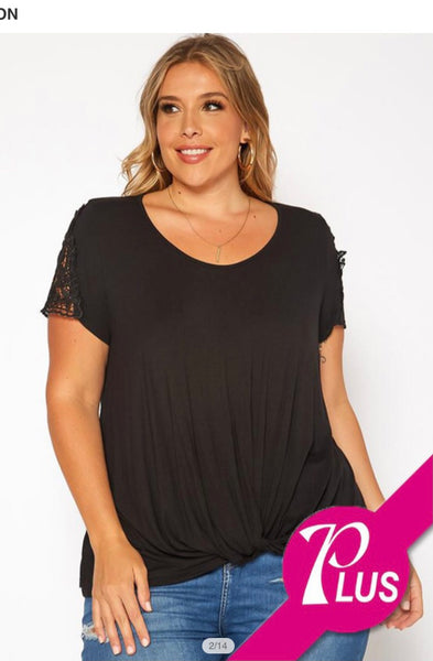 Plus Size Black Crochet Detail Short Sleeves Knot Front Top
