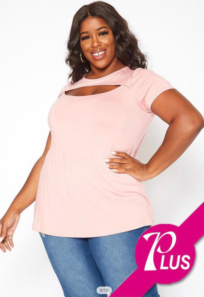 Plus Size Pink Cut Out Front Top Tee