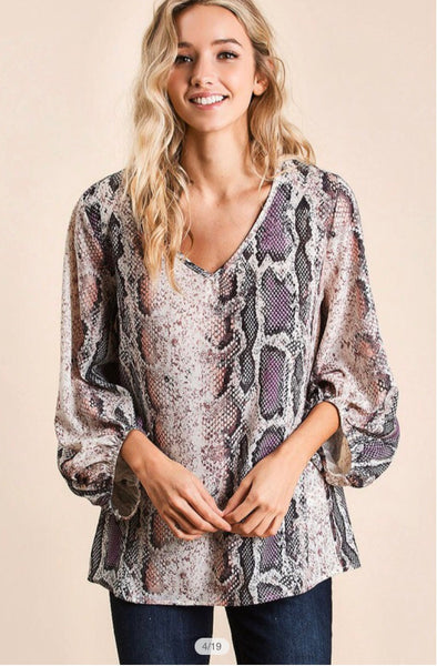 Snake Skin Print V Neck Top with Bubble Sleeves - Linda's Fab Fashions