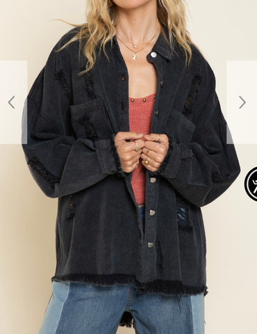 POL Black Cotton Distressed Shirt/Jacket