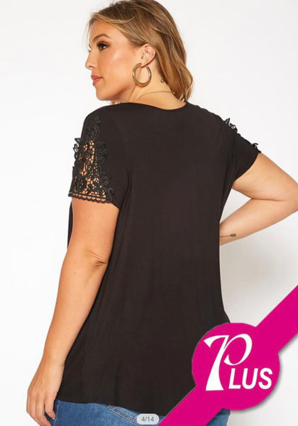 Plus Size Black Crochet Detail Short Sleeves Knot Front Top