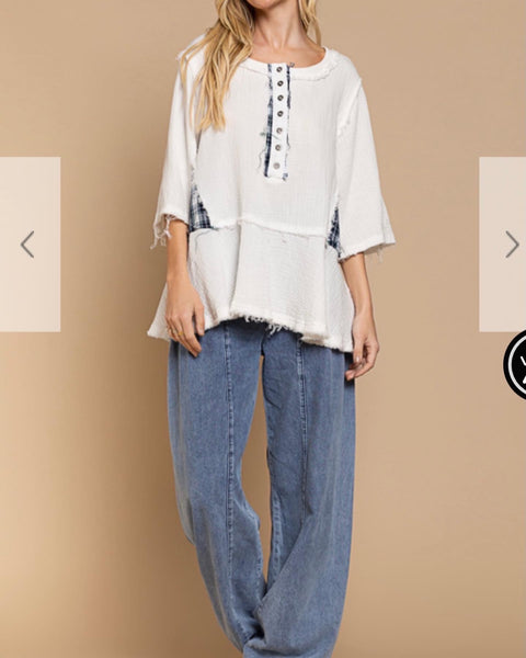 POL Ivory Plaid Detail Boho Top