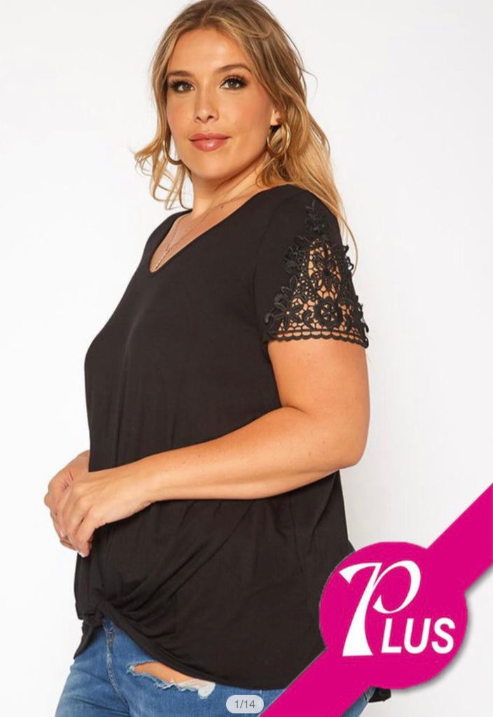 Plus Size Black Crochet Detail Short Sleeves Knot Front Top