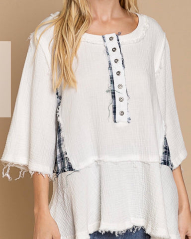 POL Ivory Plaid Detail Boho Top
