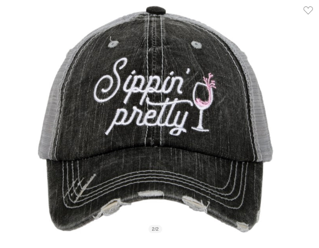 Sippin Pretty Wine Glass Distressed Hats