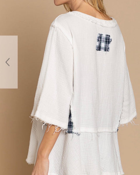 POL Ivory Plaid Detail Boho Top